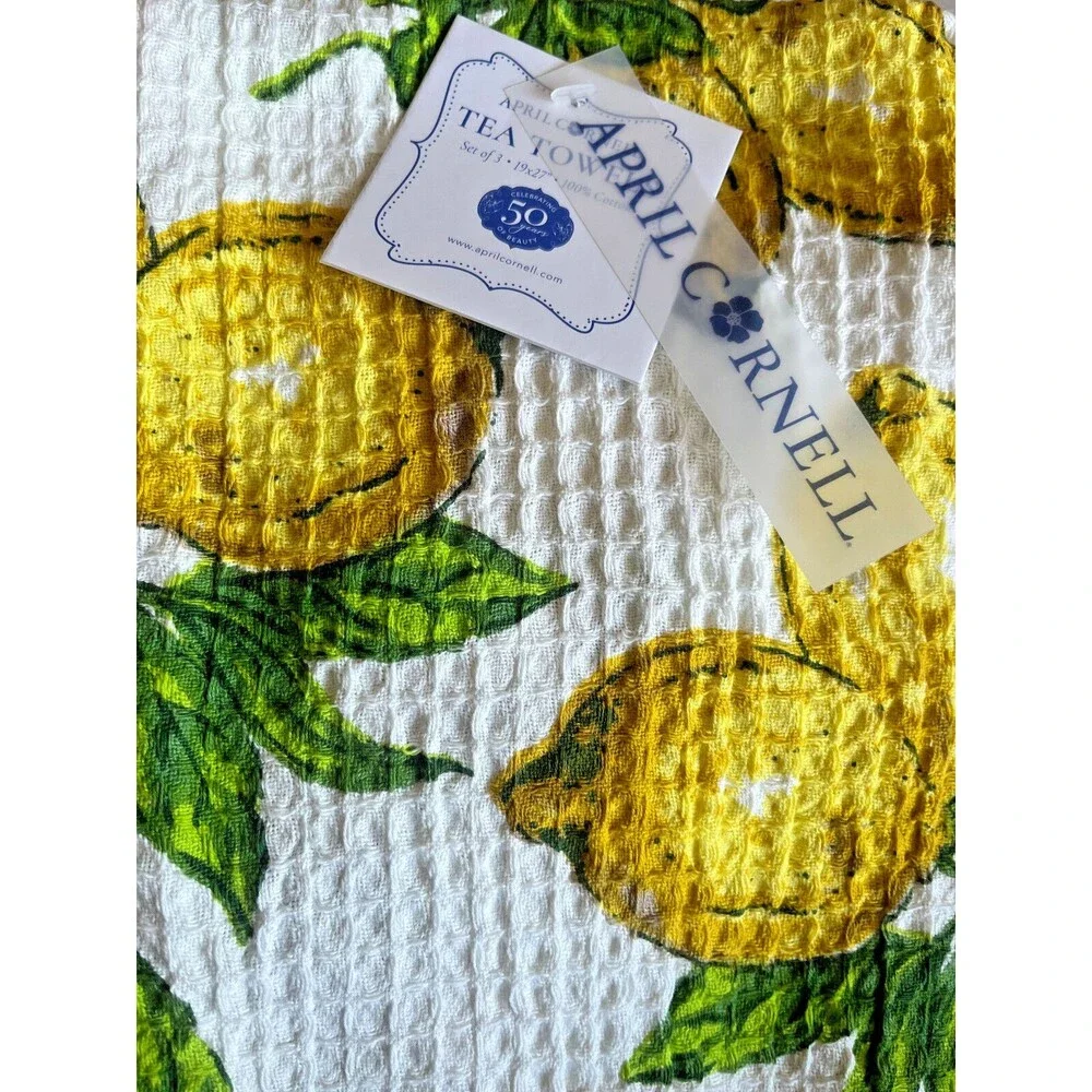 April Cornell Lemons Kitchen Dish Towels Set of 3 Waffle Weave Shabby Chic Lemon